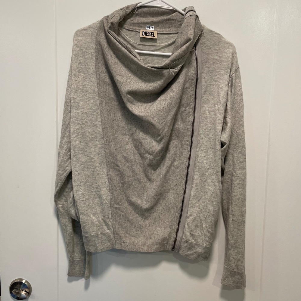 Diesel Gray Asymmetric Zip Cowl Neck Wool Cashmere‎ Blend Cardigan Sweater